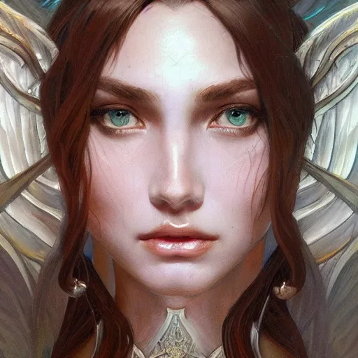 Image similar to close up portrait of beautiful angel, d & d, face, fantasy, intricate, elegant, highly detailed, digital painting, artstation, concept art, smooth, sharp focus, illustration, art by artgerm and greg rutkowski and alphonse mucha