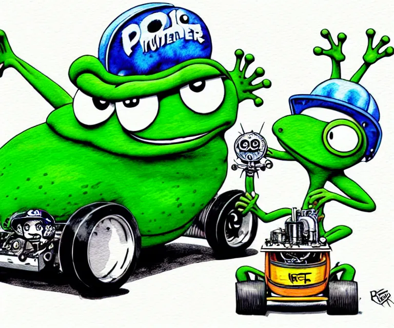 Prompt: cute and funny, pepe - frog, wearing a helmet, driving a hotrod, oversized enginee, ratfink style by ed roth, centered award winning watercolor pen illustration, isometric illustration by chihiro iwasaki, the artwork of r. crumb and his cheap suit, cult - classic - comic,