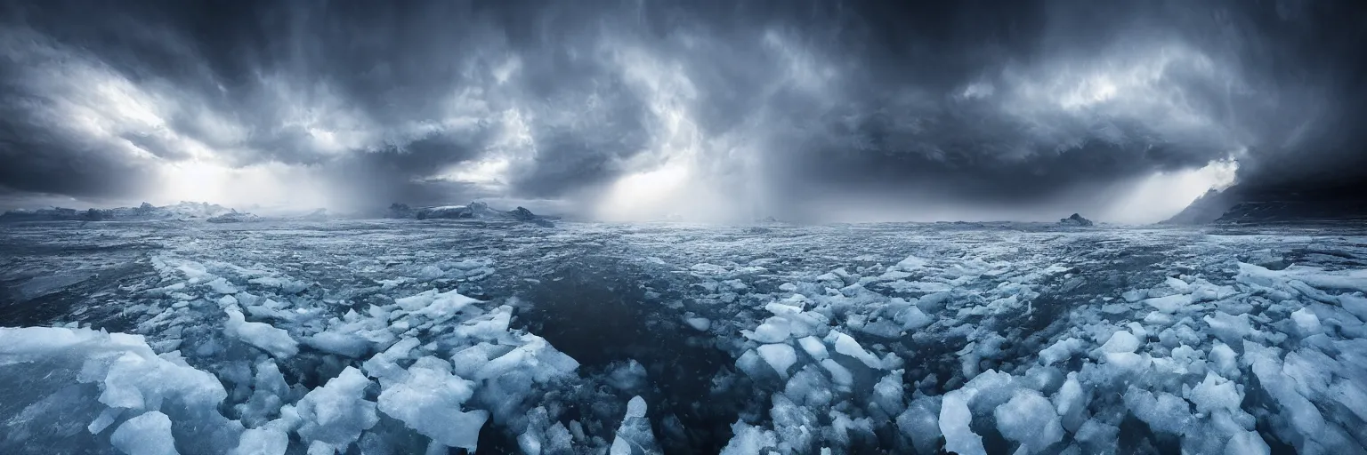 Image similar to amazing landscape photo of A gigantic monster trapped under the ice by marc adamus beautiful dramatic lighting