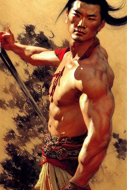 Image similar to wuxia, muscular male, character design, ancient china, colorful, painting by gaston bussiere, craig mullins, j. c. leyendecker, tom of finland