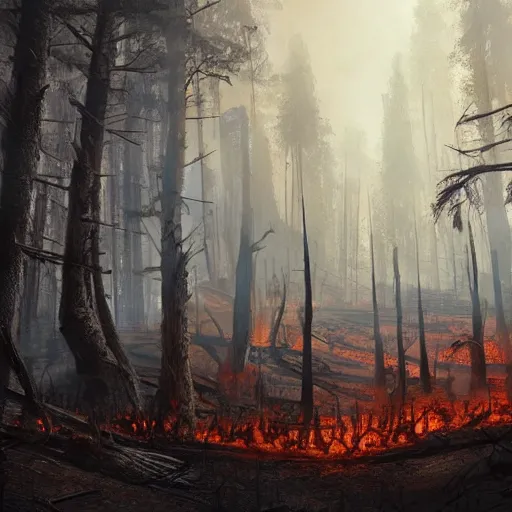 Prompt: a burned lifeless forest, with burned trees, concept art, cinematic, Greg Rutkowski, ArtStation, CGSociety, Unreal Engine