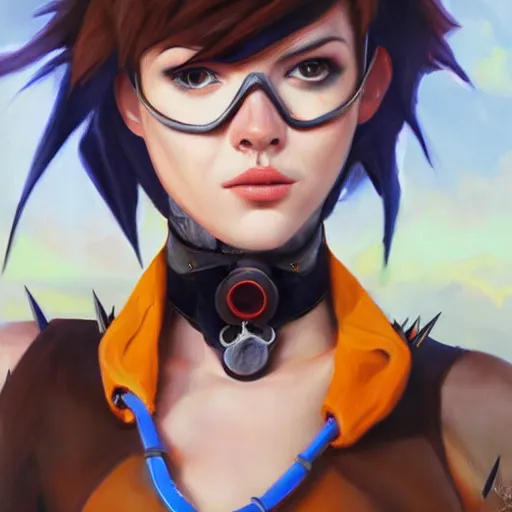 Prompt: oil painting of tracer overwatch in a field wearing spiked collar around neck, in style of martine johanna, expressive face, wearing choker with spikes, steel collar, detailed face, detailed eyes, full body, feminine face, tracer overwatch,