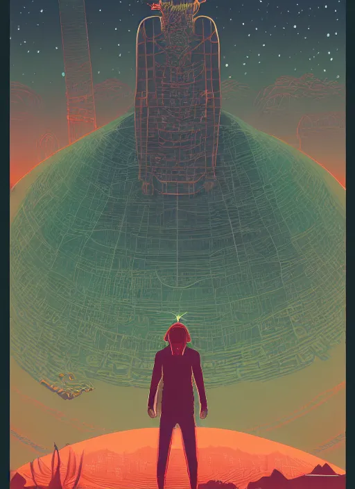 Image similar to an indie game poster of a translucent cyberpunk explorer meditating on an ancient platform in the middle of a dense forest, midnight, risograph by ghostshrimp, kawase hasui, josan gonzalez, jean giraud, moebius, colourful flat surreal design, in the style of oxenfree, super detailed, a lot of tiny details