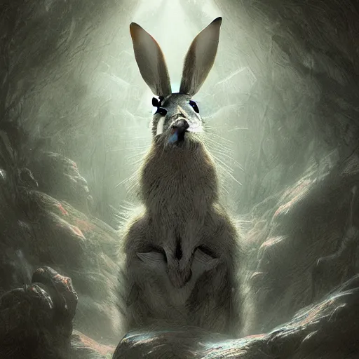 Prompt: hare with glowing white eyes, hyperdetailed, artstation, cgsociety, by greg rutkowski, by Gustave Dore