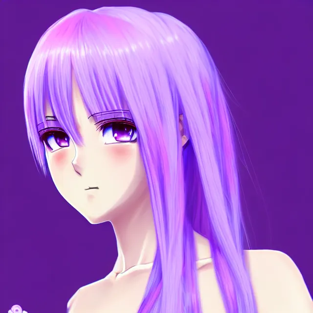 Image similar to a 3 d anime girl with lavender hair, purple eyes and white dress, profile photo, digital artwork, very beautiful face