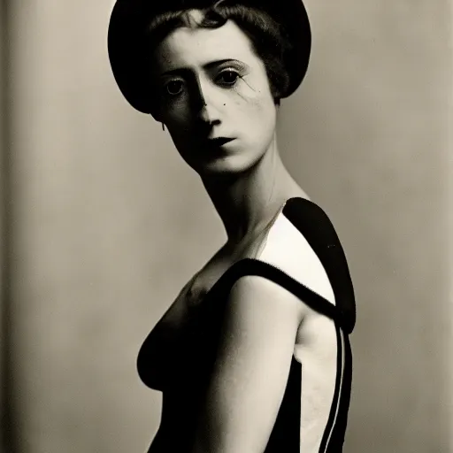 Image similar to old monochrom photography of a beautiful woman with a magpie dress, by man ray, alfred ghisoland, george edward hurrell, 4 k,