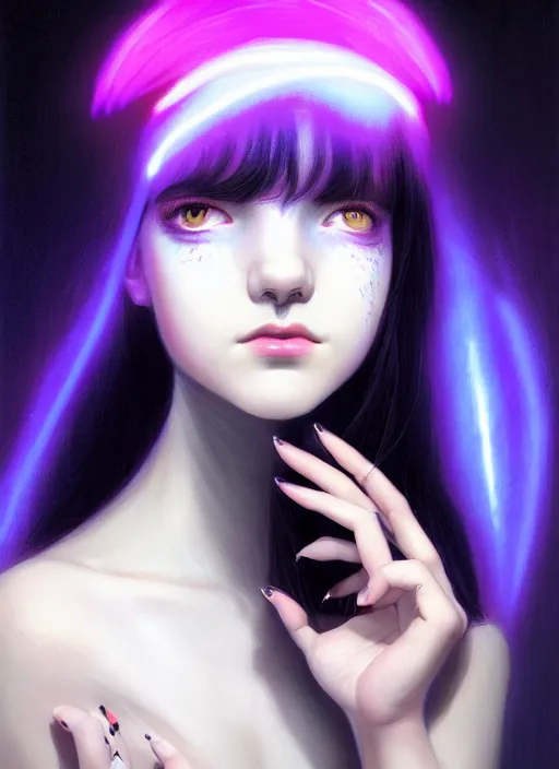 Image similar to portrait of teenage girl with white bangs, red irises, black hair, purple clothes, white bangs, bangs are different color from hair, intricate, front of hair is white rest is black, elegant, glowing lights, highly detailed, digital painting, artstation, concept art, smooth, sharp focus, illustration, art by wlop, mars ravelo and greg rutkowski