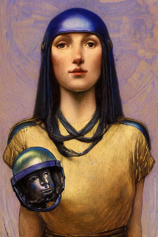 Image similar to portrait of the space queen with her helmet and regalia, by Annie Swynnerton and Nicholas Roerich and John Bauer and John William Godward and Donato Giancola and Vermeer, black leather and embroidered velvet, iridescent beetles, rich color, lost runes, ancient civilizations, dramatic cinematic lighting, featured on Artstation, extremely detailed