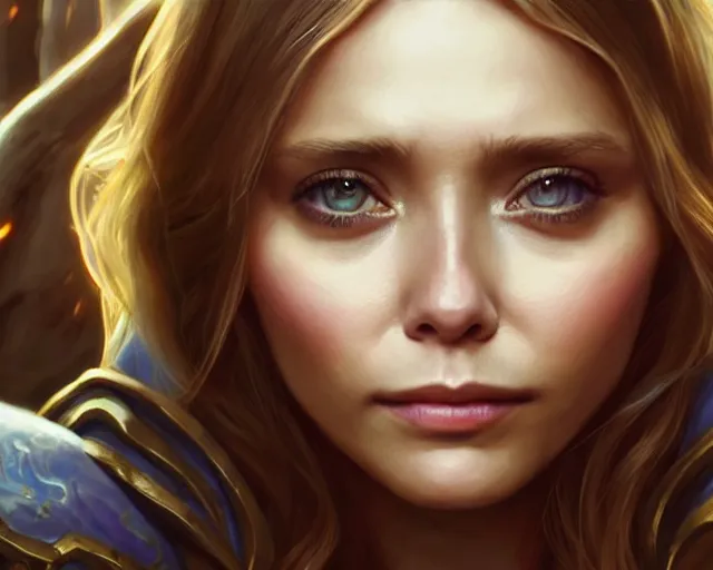 Image similar to a gaming screenshot still portrait of elizabeth olsen in final fantasy, deep focus, d & d, fantasy, intricate, elegant, highly detailed, digital painting, artstation, concept art, matte, sharp focus, illustration, dark fantasy style art, hearthstone, art by artgerm and greg rutkowski and alphonse mucha