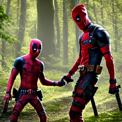 Image similar to deadpool and groot in the woods playing digital art 4 k detailed