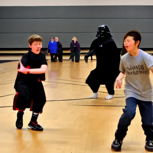 Prompt: Darth Vader playing dodgeball against middle school students