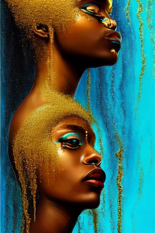 Prompt: hyperrealistic precisionist cinematic profile very expressive! black oshun goddess, ophelia in water!, mirror dripping droplet!, gold flowers, highly detailed face, digital art masterpiece, smooth eric zener cam de leon, dramatic pearlescent turquoise light on one side, low angle uhd 8 k, shallow depth of field
