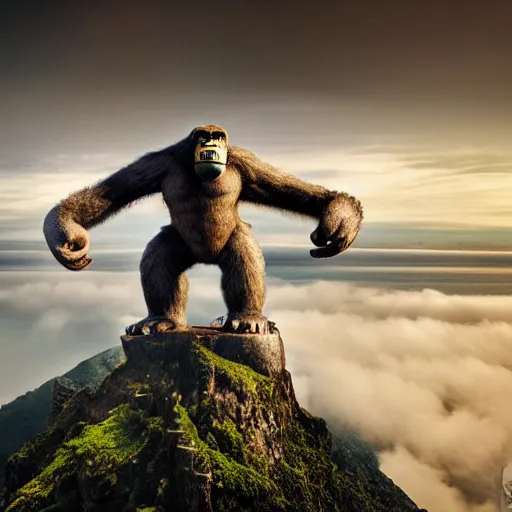 Prompt: king kong walking over madeira island, trampled, cinematic shot, realistic, hdr, color, wide shot, gigantic