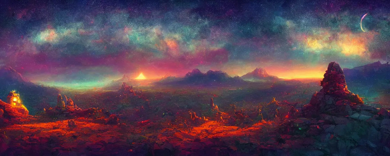 Image similar to top of the holy mountain at night with sky full of stars, [ cinematic, detailed, epic, widescreen, opening, establishing, mattepainting, photorealistic, 4 k, octane render, art by paul lehr ]