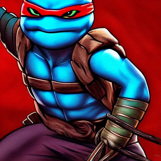 Prompt: ninja turtle raphael dim studio lighting, at night, ( ( photograph ) ), moody, realistic, detailed, low light, skin tinted a warm tone, light blue filter highly detailed, painting, red and black color palette, intricate, high quality anime artstyle, scenic view