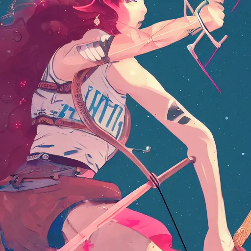 Image similar to close up, attractive sports woman in archery, arrows and bow in action, a grungy cyberpunk anime, very cute, by super ss, curly pink hair, night sky by wlop, james jean, victo ngai, highly detailed