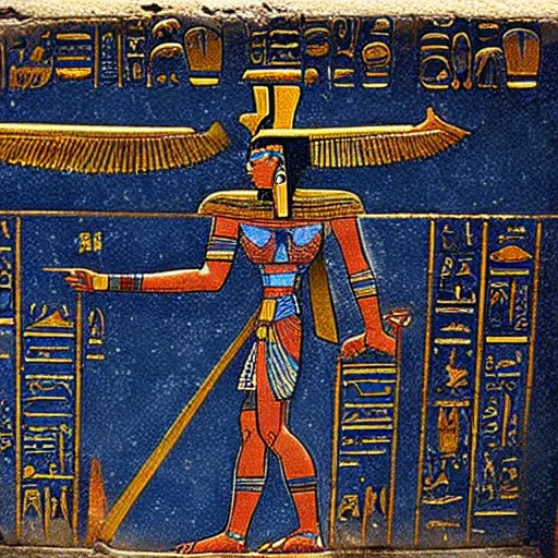 Prompt: an ancient egyptian hieroglyphic tablet depicting a gundam in space by moebius