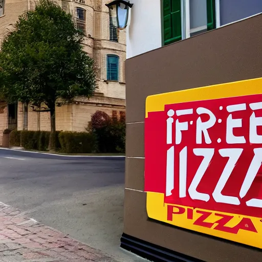 Prompt: a sign that says Free Pizza, 4k