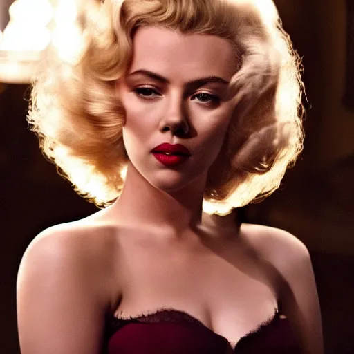 Image similar to stunning awe inspiring scarlett johansen as marilyn monroe, movie still 8 k hdr atmospheric lighting