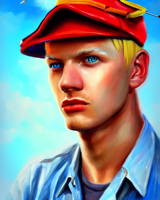 Image similar to colorful painting of a blond man with a propellor cap, matte painting, trending on art station, ultra - detailed, hq