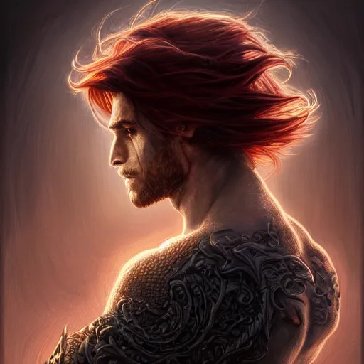 Image similar to portrait of a dragon with a humanoid face, male, handsome, masculine, full body, red hair, long hair, soft hair, fantasy, intricate, elegant, highly detailed, suit, coffee shop, digital painting, artstation, concept art, character art, smooth, sharp focus, illustration, art by artgerm and greg rutkowski and alphonse mucha