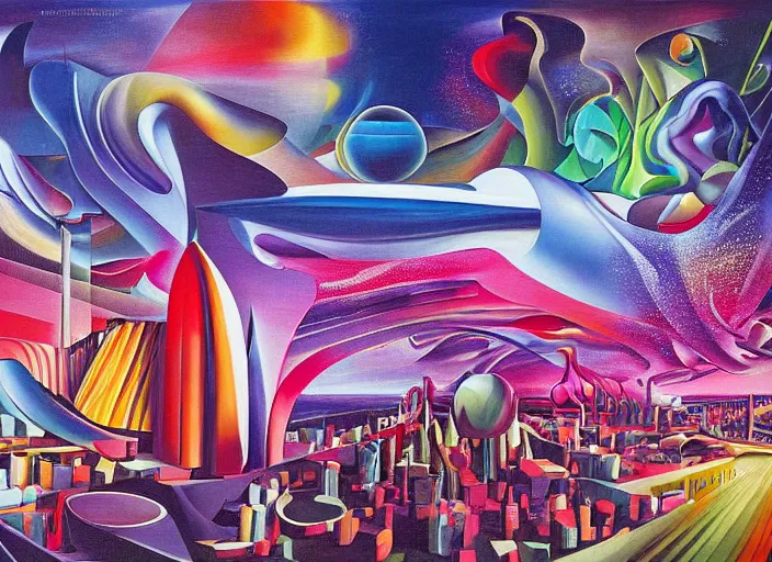 Prompt: an extremely high quality hd surrealism painting of a 3d galactic neon complimentary-colored cartoon surrealism melting opticall illusion high-contrast zaha hadid complex mosque concert by kandsky and salvia dali the third, salvador dali's much much much much more talented painter cousin, clear shapes, 8k, realistic shading, ultra realistic, super realistic