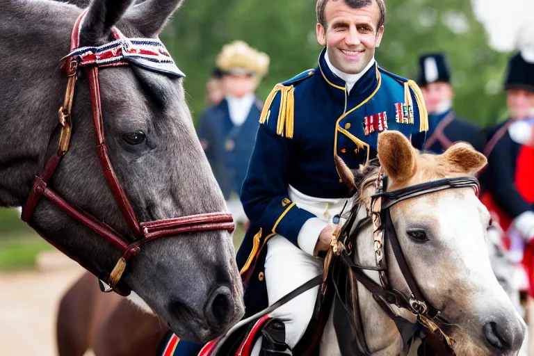 Image similar to closeup portrait of emmanuel macron dressed as napoleon riding a tiny miniature horse, natural light, sharp, detailed face, magazine, press, photo, steve mccurry, david lazar, canon, nikon, focus