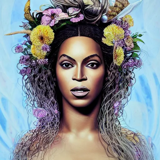 Prompt: facial portrait of Beyonce as a young pretty woman in flowing dress, arrogant, mysterious, long fine flowing hair, delicate, looking at camera, slightly awkward smile, realistic face, no hands visible, intricate, stylish, elegant, grimdark fantasy, flowers, extremely detailed painting by Martine Johanna and Ernst Haeckel and Greg Rutkowski