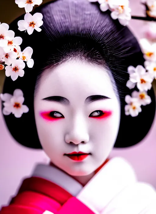 Image similar to Beautiful Japanese geisha close up portrait shot, 1920s geisha, Japanese, young woman, half body photo, upper body, traditional geisha clothing, geisha makeup, geisha hairstyle, hyper realistic, 8k detail, trending, professional photography, cherry blossom background