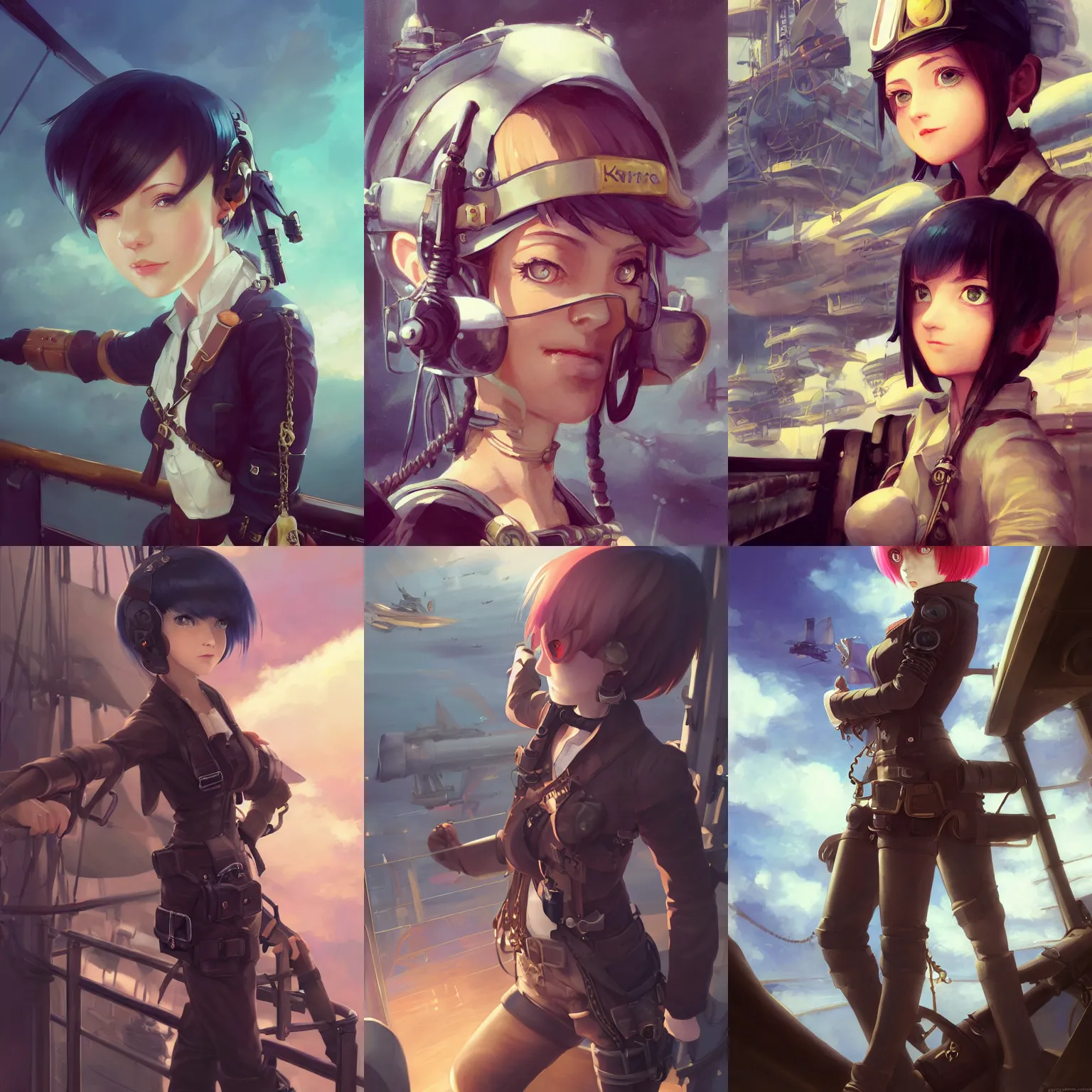 Prompt: a portrait of a cute female air pirate with black bob cut hair and eye patch, leaning against the railing of an airship, steampunk setting, gears, steam, mist, vivid colors, soft lighting, atmospheric, cinematic, moody, in the style of Ilya Kuvshinov and Range Murata, Krenz Cushart, oil on canvas, 8k