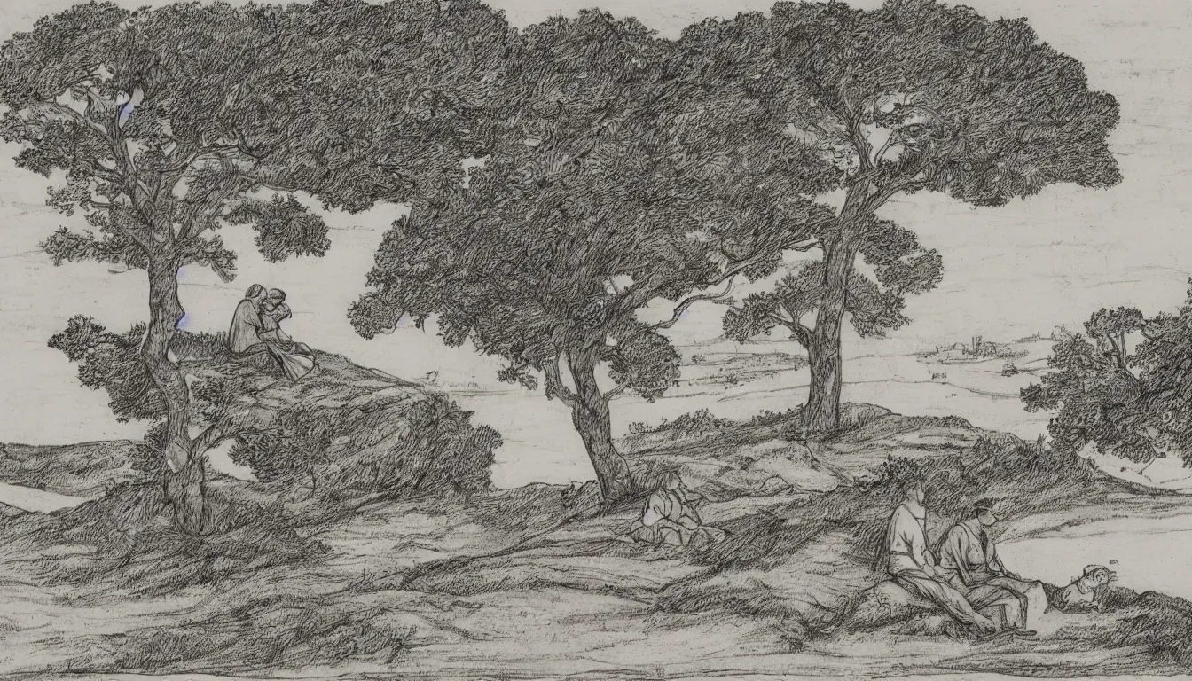 Prompt: a couple sits on a hill overlooking a river, yellowed paper, wind blown trees, pen and ink, 1 5 0 0 s, 8 k resolution