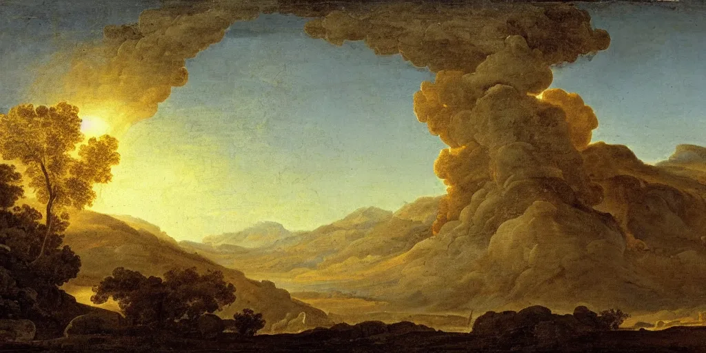 Prompt: where's wally at sunset in an exploding volcano seething, ethereal landscape, claude lorrain pastoral landscape