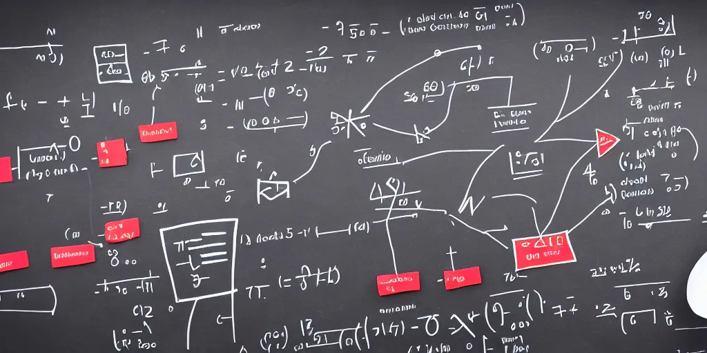 Prompt: equations and formulas about how to build a website, ui, graphics, flowchart, 3 d, white and red on a giant black board