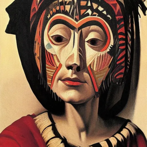 Prompt: woman wearing a tribal mask painted by Caravaggio