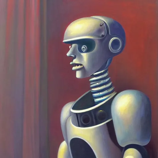 Prompt: crying robot, portrait, visage, dystopian, pj crook, edward hopper, oil on canvas