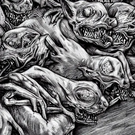 Prompt: zombified rat face on top of pile of dead bodies, greyscale, fine lines, complex, detailed
