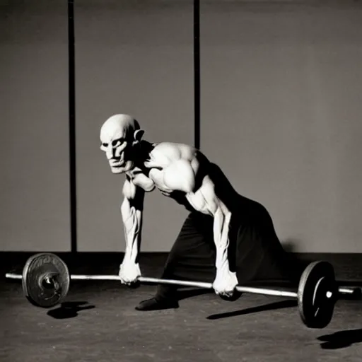 Image similar to portrait of nosferatu doing weightlifting, sport photography