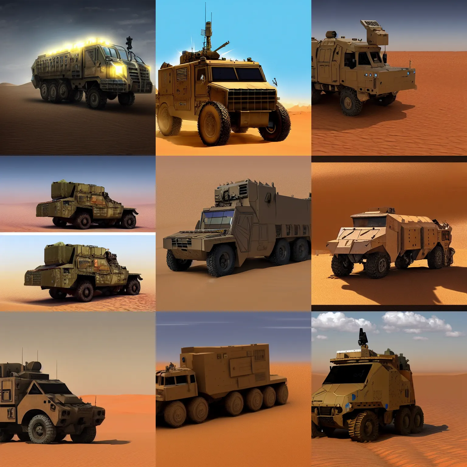 Prompt: armored military Cybertruck in the sahara desert , concept art, cinematic, trending on artstation