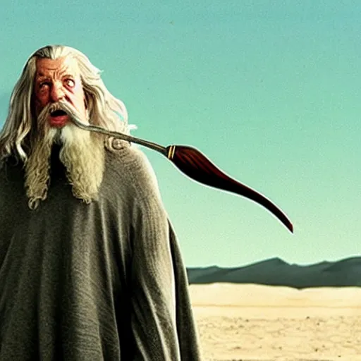 Image similar to a still of Gandalf as the dude from the movie the big Lebowski