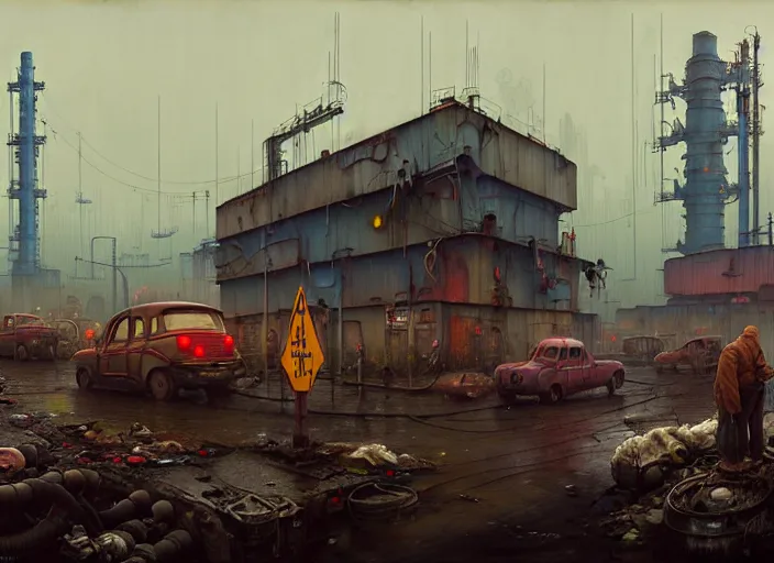 Prompt: waiting in line for crude oil by simon stalenhag and gil elvgren and tom bagshaw and marc simonetti and jan miense molenaer and arthur adams, slums, highly detailed, hyperrealism, dreary, cold, cloudy, grey, smog, high contrast, smogpunk, oilpunk, high saturation, intricate complexity