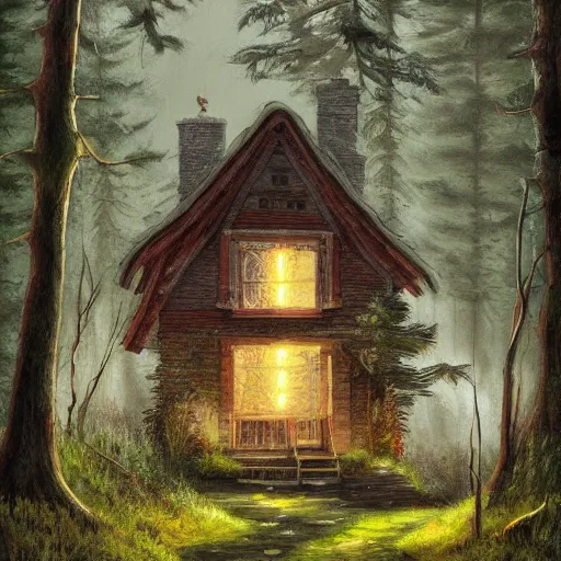 Prompt: a painting of a cottage in the middle of the woods, eerie thriller aesthetic!, detailed digital art, trending on artstation