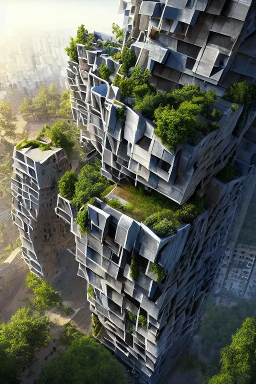 Prompt: photo of an awesome sunny day environment concept art on a cliff,, architecture by daniel libeskind with village, residential area, mixed development, highrise made up staircases, balconies, full of clear glass facades, cgsociety, fantastic realism, artstation hq, cinematic, volumetric lighting