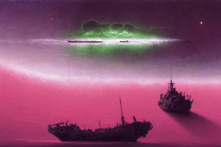 Prompt: boat in the outer space with clouds looking at derelict ship, in the style of beksinski, intricate and epic composition, pink by caravaggio, insanely quality, highly detailed, masterpiece, neon green light, artstation, 4 k