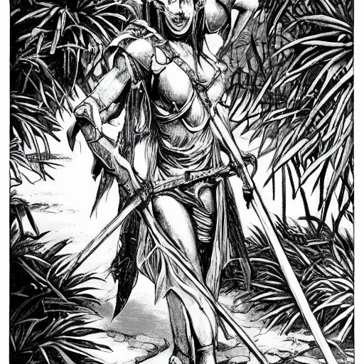 Image similar to mummy walks through the jungle, old school dungeons and dragons art, old school fpr, black and white image