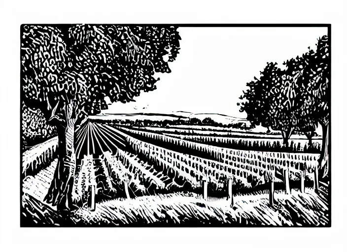 Image similar to wine label, vector graphic, linocut vineyard landscape by greg rutkowski, fine details, highly detailed