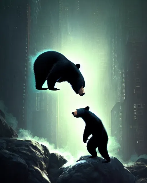 Prompt: shapeshifting anthropomorphic black bear, suspended in air, bursting into smoke, scattered, black smoke, intricate background, complex 3 d render by ilya kuvshinov, craig mullins, ruan jia, thomas kinkade, victo ngai. unreal engine, blender, octane, ray tracing. sharp focus, masterpiece, post processing, deviantart