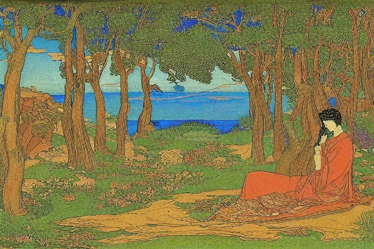 Image similar to a serene landscape by Ivan Bilibin