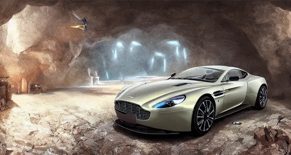 Prompt: Aston Martin in modern cave Next to the pool,digital art,ultra realistic,ultra detailed,art by greg rutkowski