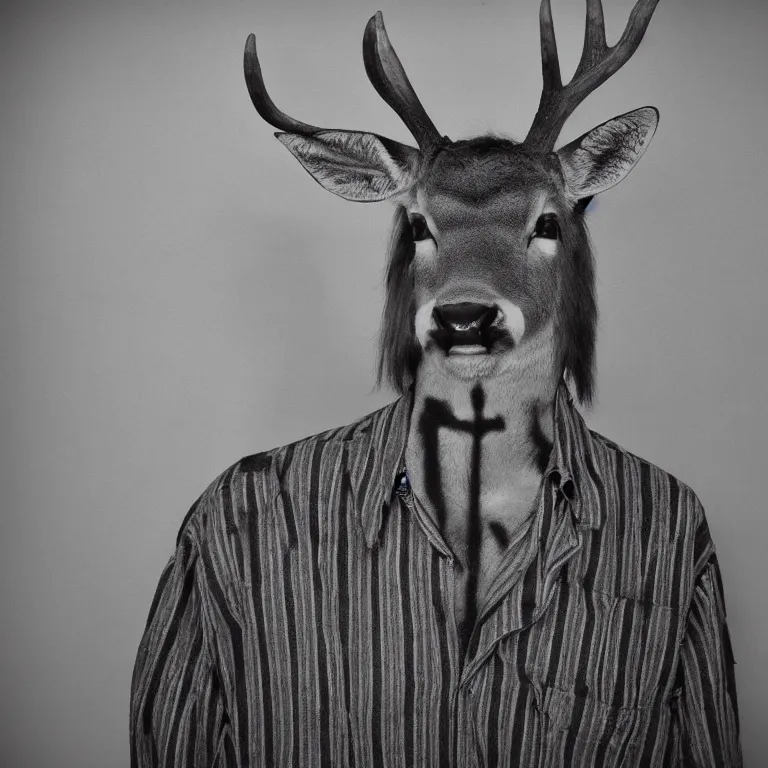 Image similar to deer headed man, striped prison clothing, old jail mugshot