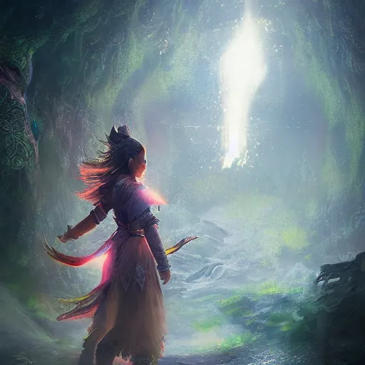 Image similar to Long Shot of Aloy in misty mysterious astral temple jumpin with pistol in river of chromatic SPIRITS , beautiful, dmt, trending on artstation, omnious, soft, artwork by Wong, Liam